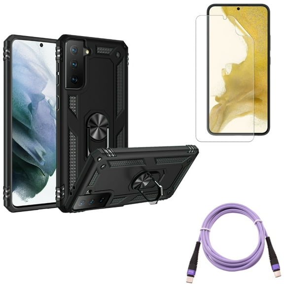 Hybrid Case Cover & Purple 10ft PD Cable & Matte Screen Protector for Samsung Galaxy S22 (6.1") - Metal Ring Kickstand & Type-C to USB-C Fast Charger Cord & TPU Film Anti-Glare Accessory Bundle