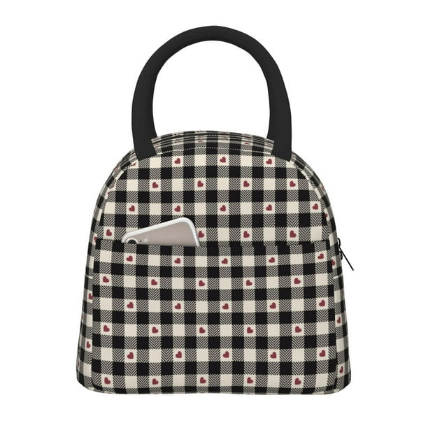 Balery Black Plaid Heart Bolsa de Almuerzo para Mujeres, Caja de Almuerzo, Bolsa de Almuerzo Pequeña Impermeable, Tote de Almuerzo Reutilizable con Gran Capacidad