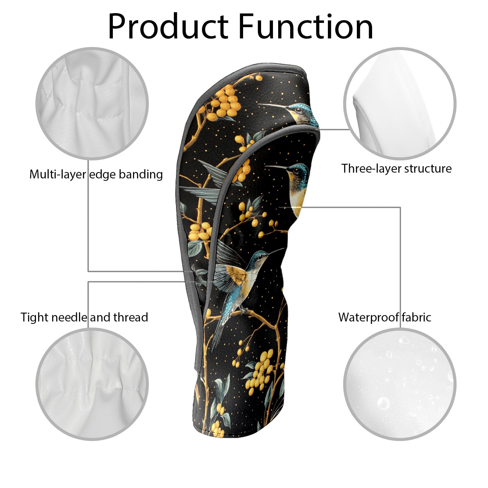 Golf Club Covers PU Leather Waterproof Head Covers for Fairway Woods Hybrids Golden Berry Hummingbird