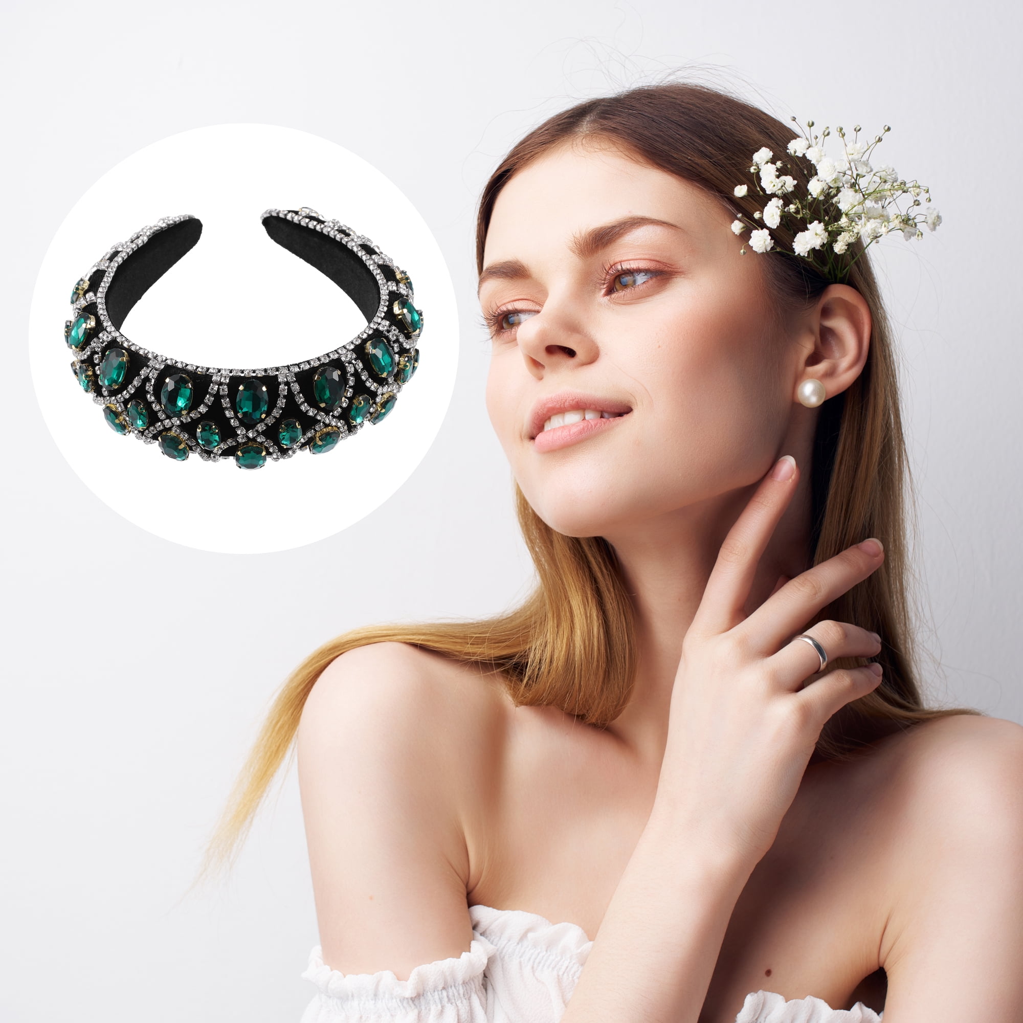 Unique Bargains Faux Crystal Padded Headband Green