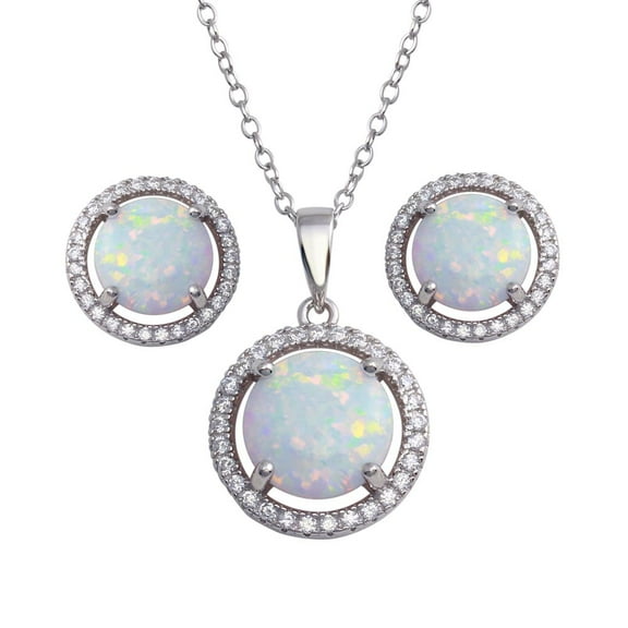 White Synthetic Opal Clear CZ Circle Matching Set Sterling Silver