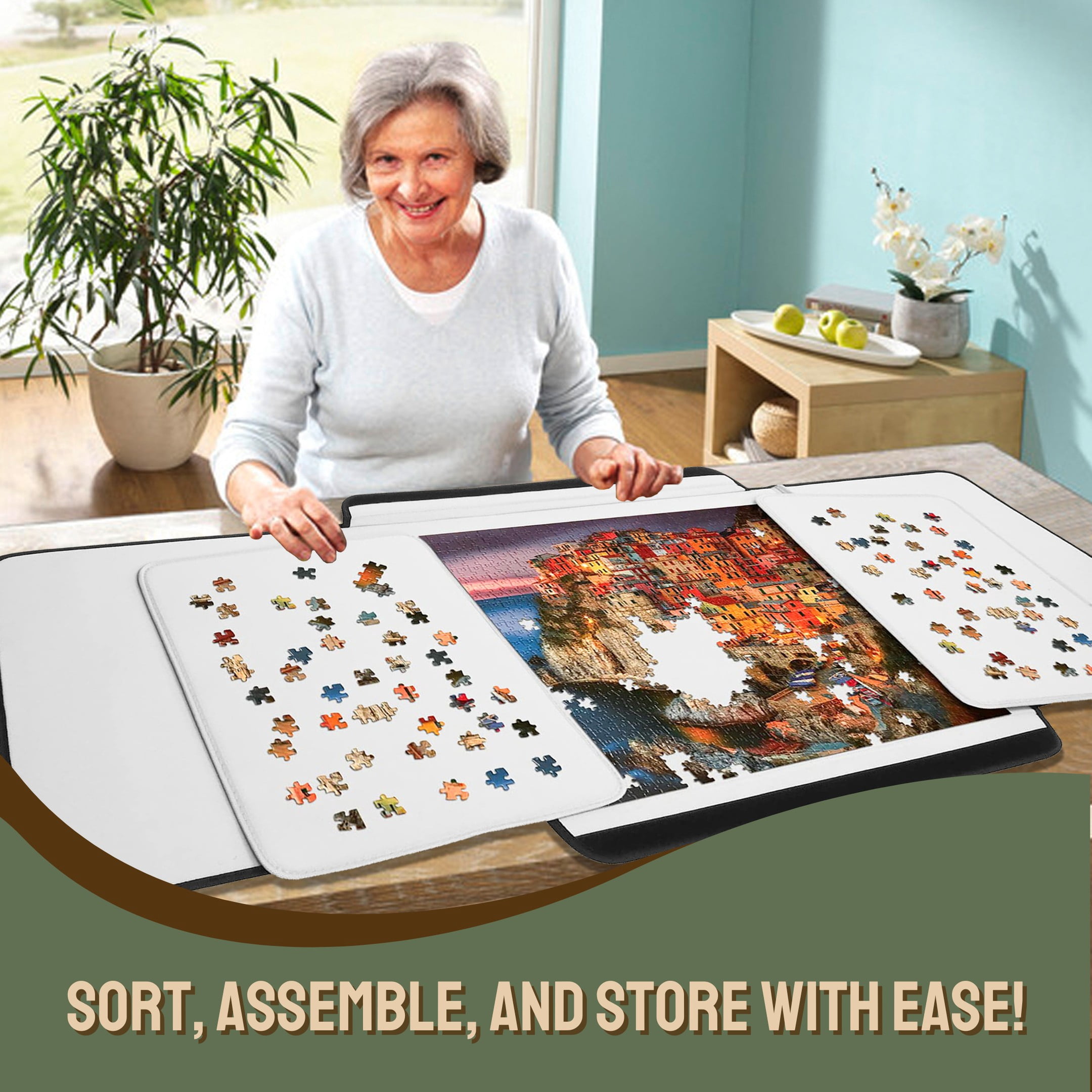 Boîte de rangement portable pour puzzles Tradeopia noire pour jusqu'à 1000 pièces, avec plateaux de tri et plateau détachable.