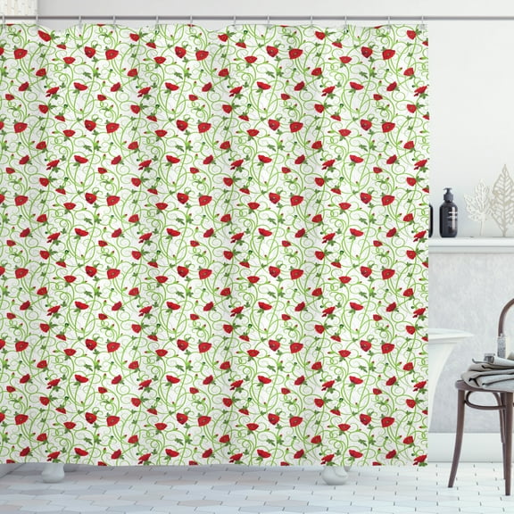 Floral Shower Curtain, Illustration of Tangled Scarlet Color Poppy Flowers with Curled Peduncles, Fabric Bathroom Set with Hooks, 69W X 75L Inches Long, Vermilion and Green, by Ambesonne