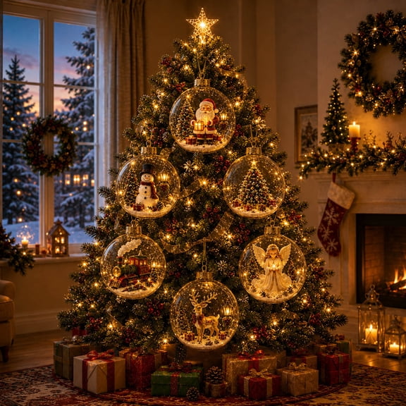 Yyuenw Christmas Story Ornament Ball, Light-up Mini Holiday Scene with Warm Led Light, 3.94"/100mm Mini Scene Hanging Bauble, Christmas Tree Decoration