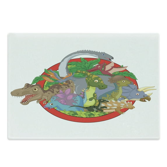 Jurassic Cutting Board, Dinosaur Characters on Planet Globe Large Tropical Plants Leaves Landscape Print, Decorative Tempered Glass Cutting and Serving Board, Large Size, Multicolor, by Ambesonne