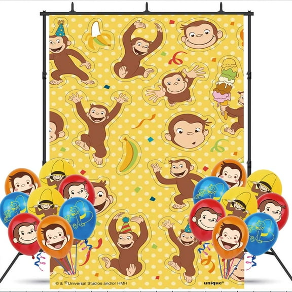 Curious George Banner Backdrop Background Birthday Balloons Party Supplies Taspestry Poster Wall Decor