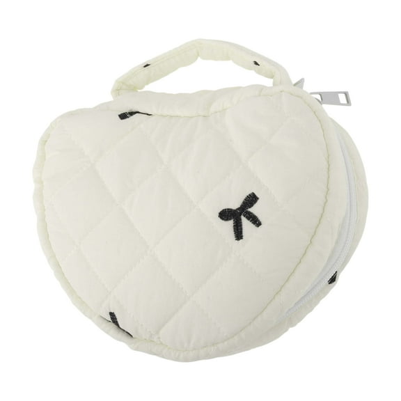 Unique Bargains Heart-shaped Embroidered Bow Makeup Bag for Travel Beige Polyester