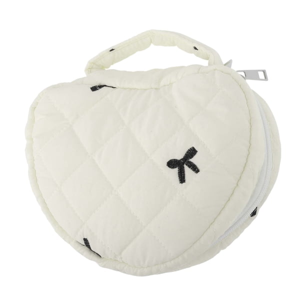 Bolsa de maquillaje bordada en forma de corazón con lazo para viajar, poliéster beige