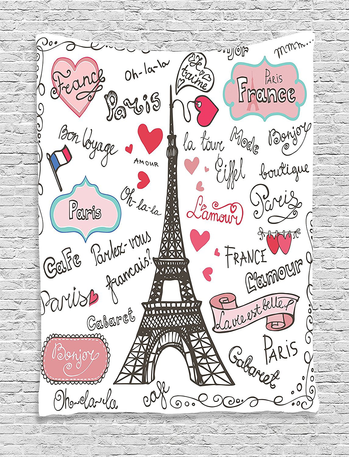 Eiffel Tower Decor Tapestry Wall Hanging By , Paris Symbols Lettering Heart Shapes Flag Ornamental Sketchy Doodle Decorative, Bedroom Living Room Dorm Decor, 60 W x.., By Ambesonne