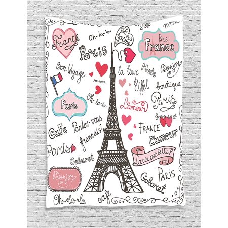 Eiffel Tower Decor Tapestry Wall Hanging By , Paris Symbols Lettering Heart Shapes Flag Ornamental Sketchy Doodle Decorative, Bedroom Living Room Dorm Decor, 60 W x.., By Ambesonne