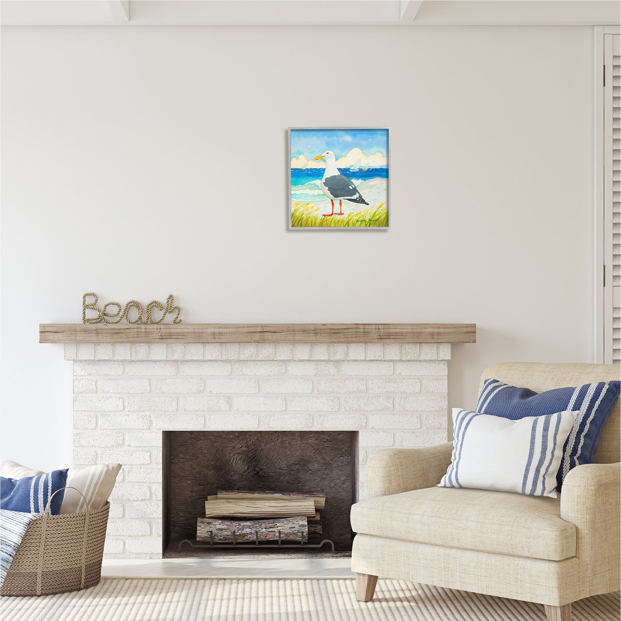 Stupell Industries Seagull on Beach Painting Animals & Insects Painting Gray Framed Art Print Wall Art, 17 x 17