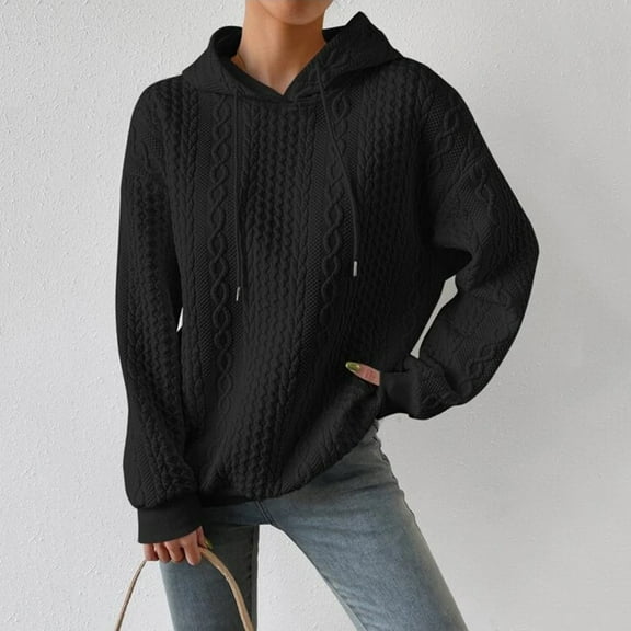 Dyfzdhu Hoodies for Women Textured Long Sleeve Drop Shoulder Drawstring Pullover Solid Hoodie
