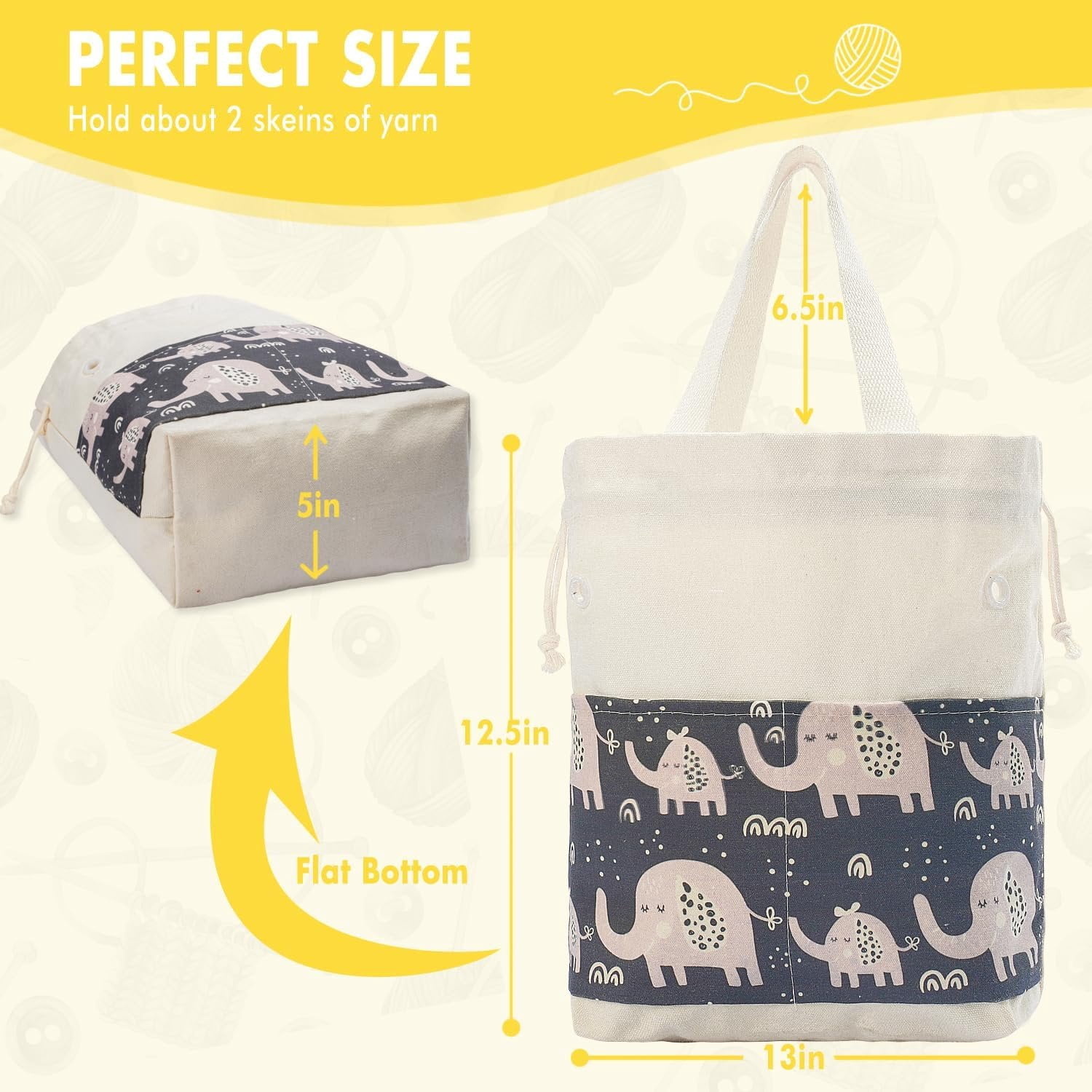 Crochet Bag, Handy Knitting Project Yarn Bag, Crochet Accessories Yarn Storage Organizer, Knitting Bags and Totes for Crocheting  The Go, 12x13x5'' (Gray Elephant, Small)