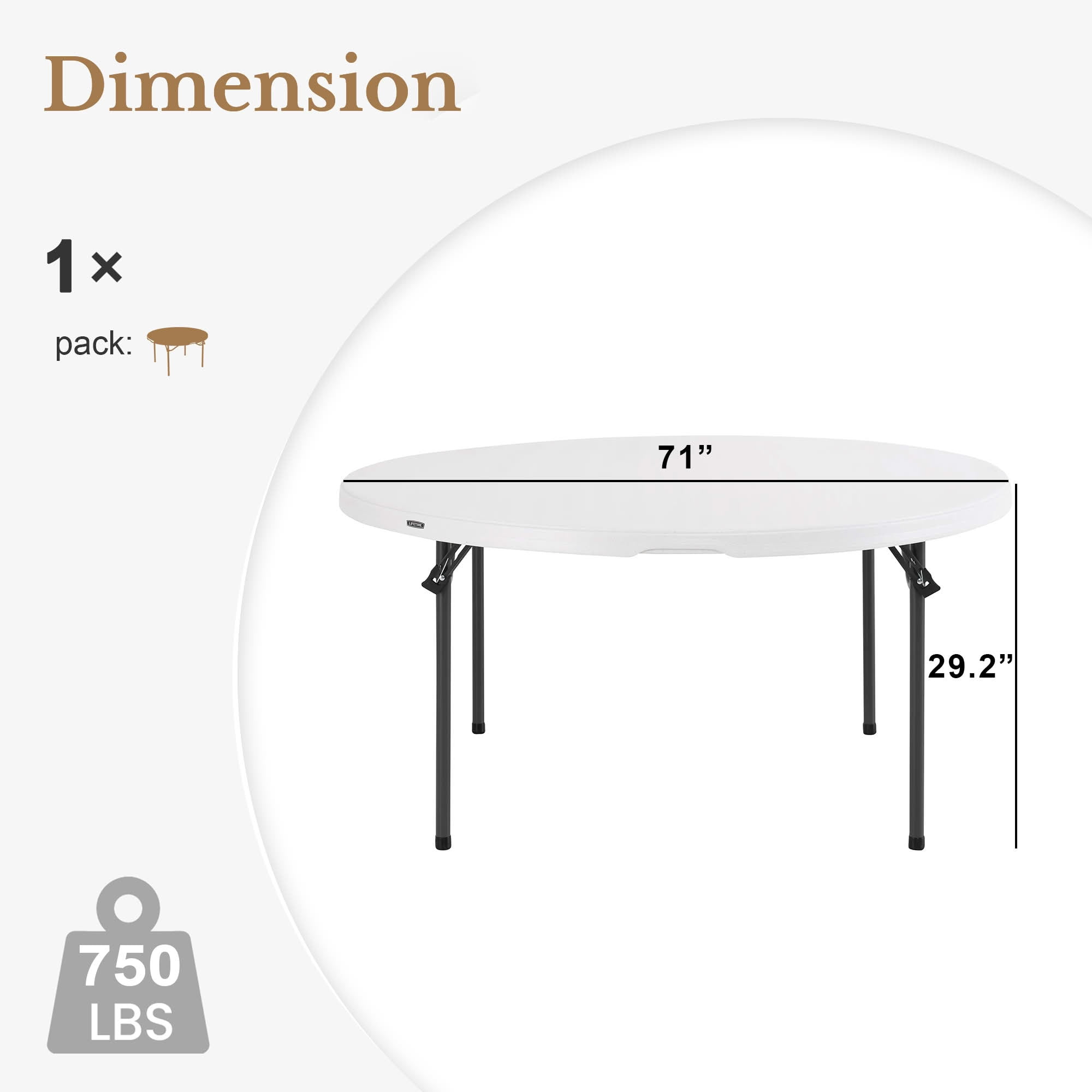 MAYEERTY 71" White Round Blow Mold Folding Table, Foldable Metal Legs Portable Dining Table for Outdoor Party Event