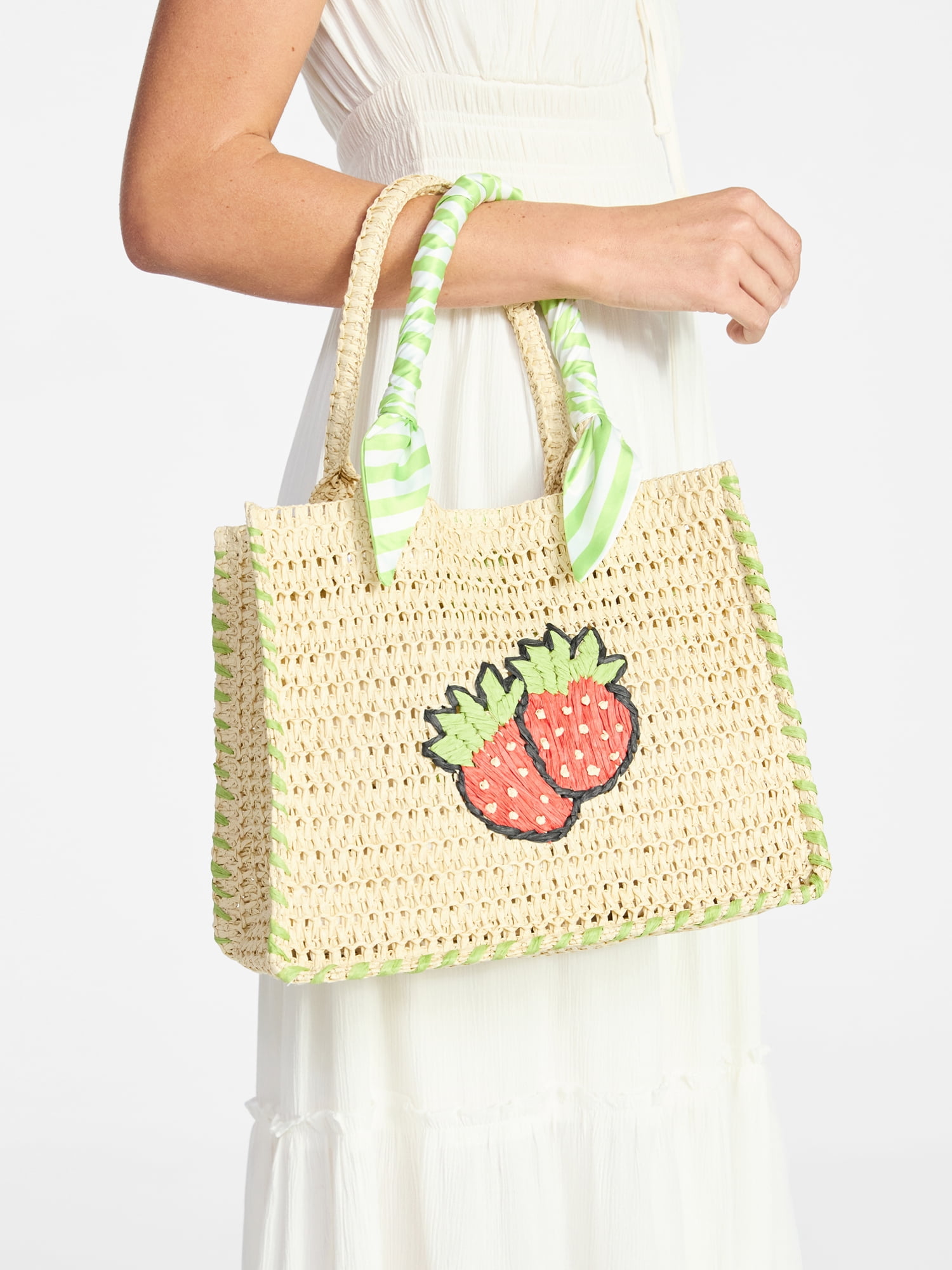 No Boundaries Women's Beach Icons Mini Straw Tote Bag, Natural with Strawberry Embroidery