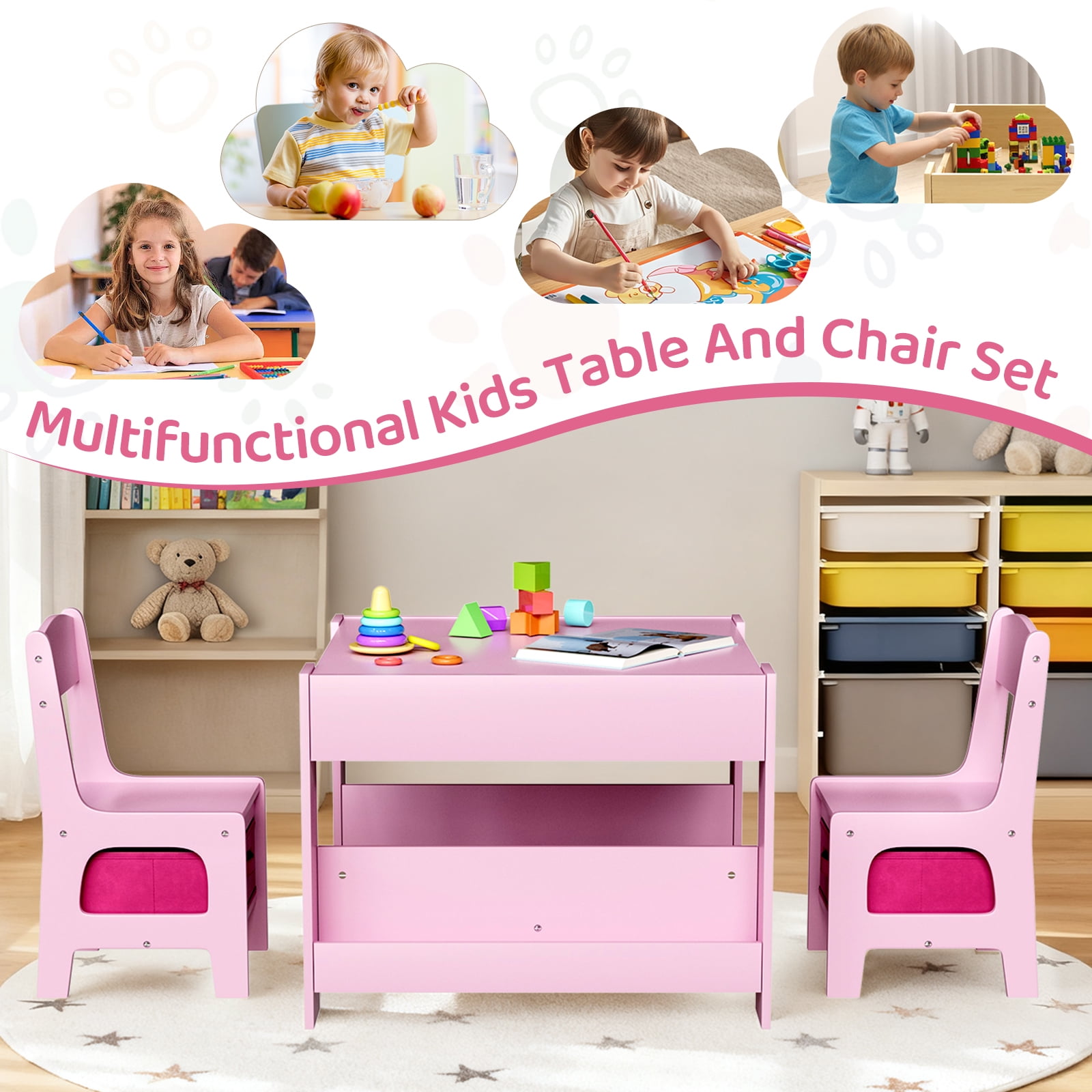 Pirecart Kids Table and Chairs Set, 4 in 1 Wooden Activity Table with Reversible & Detachable Tabletop, Storage Drawer, Bookshelf, Kids Art Desk for Drawing, Playing, Learning, Pink