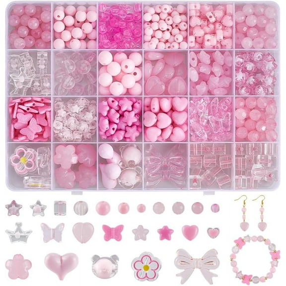 1 Box 578Pcs Pink Assorted Beads Cute Bead Kits Acrylic Butterfly Heart Flower Stars Bear Kawaii Aesthetic Beads Bulk for Jewelry Making Supplies DIY Bracelet Necklace Crafts Phone Charm Pink