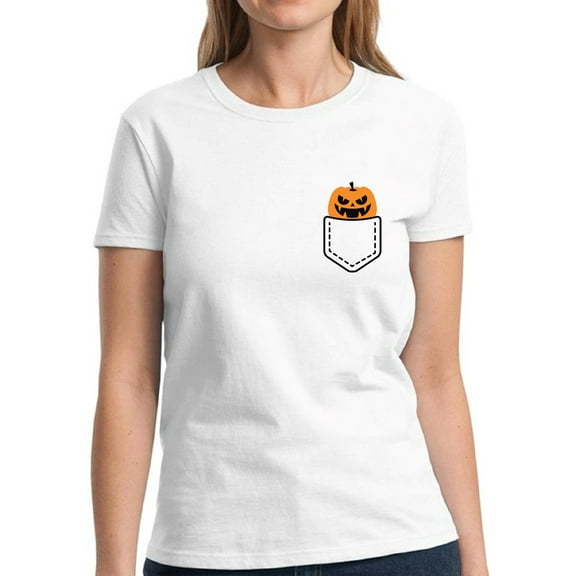 Scary Pumpkin Pocket Halloween T Shirt for Women - S M L XL 2XL 3XL Graphic Tee - Scary Halloween Outfit Gift Funny Holiday Tee T-Shirt Ladies
