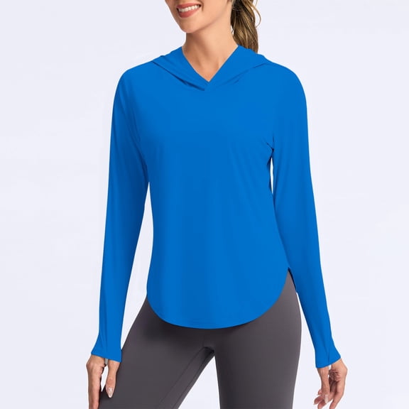 HappyYEE Women's Sun Hooded Shirts Pullover Long Sleeve Rash Guard Thumb Sleeve Loose Summer Upf 50 Sun Protection Tops Blue XXL