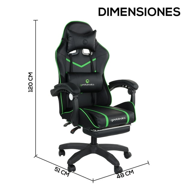 Silla Gamer Ergonomica Geekleaks by Gaon Reclinable Con Soporte Lumbar y  Reposa Pies Verde