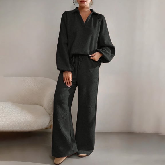 YueHuiYing Womens 2 Piece Outfits V-Neck Long Sleeve Pullover Tops Wide Leg Long Pants Casual Lounge Set Travel Tracksuit