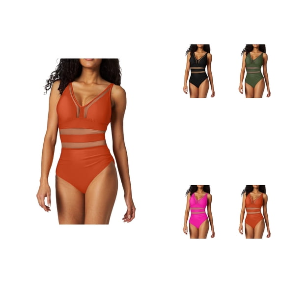2025 New Hot Mesh One Piece Swimsuit for Women Plus Size - V-Neck Sheer Mesh Tummy Control Bathing Suit with Adjustable Wide Straps, Solid Color