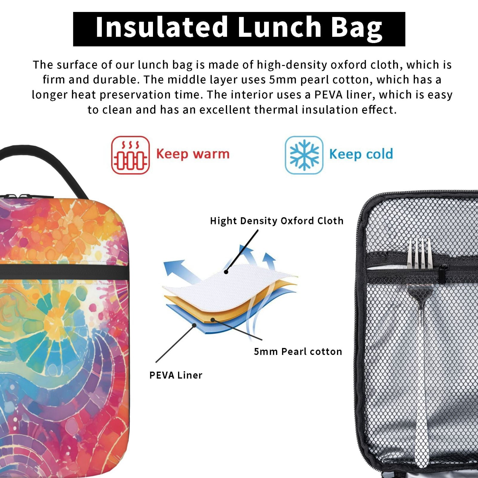 Lunch Bag For Women Men Insulated Portable Lunch Box Bento Box Office Picnic Travel Cooler Bag Lightgrey Tie-Dye Background Vibrant Colors And Swirling