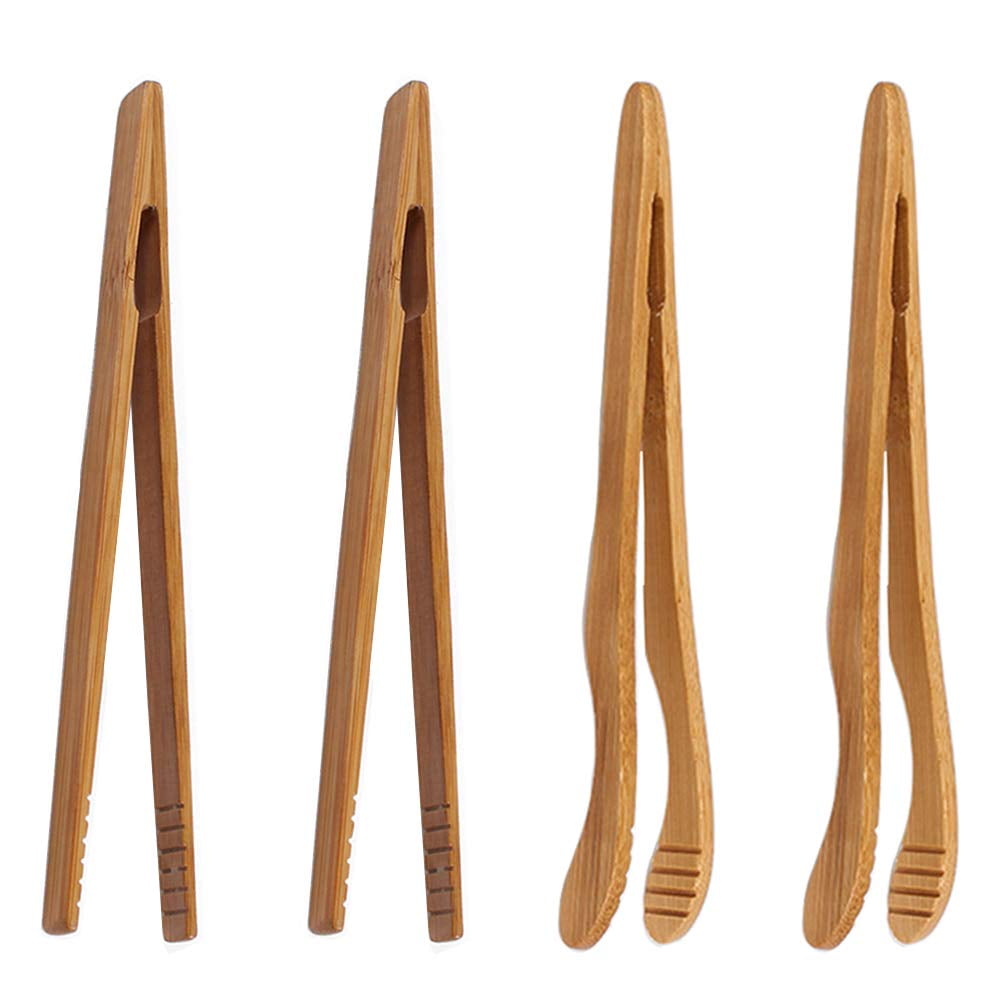 4 pack Bamboo Toaster Tongs 7” Reusable Wood Cooking Tongs Ideal