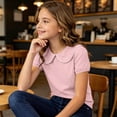 thumbnail image 6 of Kinrui Girls Peter Pan Collar T-Shirt Puff Short Sleeve Summer Tops Back to School Cute Tees 0-9 Years, 6 of 9