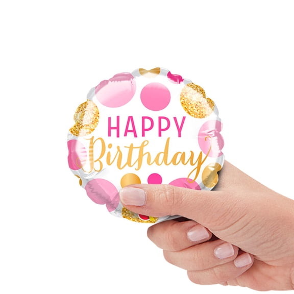 4 inch Birthday Pink & Gold Dots Mini Shape (Air-Fill Only) Foil Mylar Balloon - Party Supplies Decorations