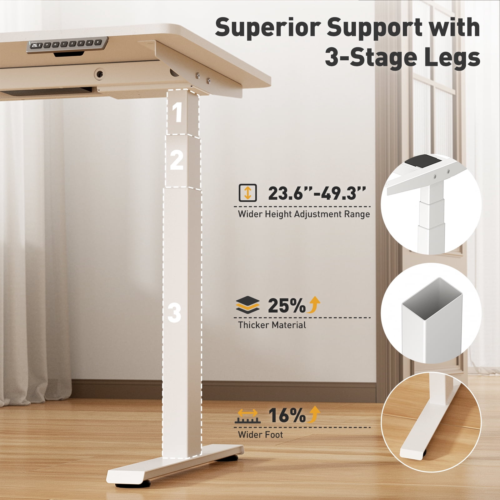 VVENACE Electric Standing Desk Frame, Double Motor Adjustable Stand Up Desk Base, 286 lbs Weight Capacity, Three Section Column Computer Desk for Home and Office (White Frame only)