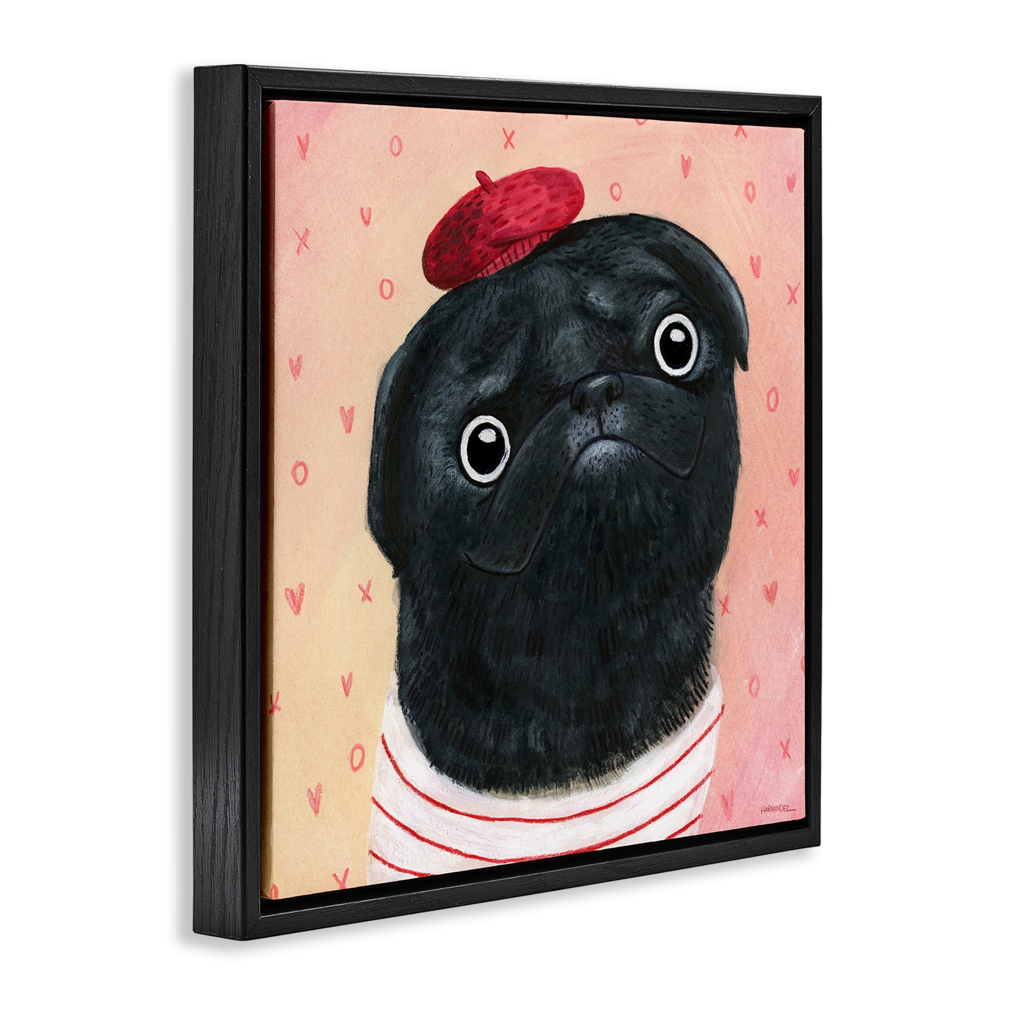 Stupell Industries Happy Pug In Paris Animals Painting Black Floater Framed Canvas Art Print Wall Art, 18 x 18