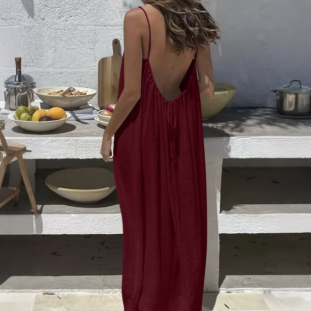 TaTaai Women's Backless Halter Maxi Dress Loose Fit Sleeveless Ankle Length Solid for Lounge Home Wear Casual Summer Daily Soft Gift