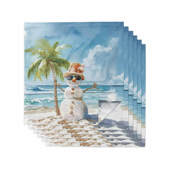 Coastal Christmas Cloth Napkins Set of 6, Xmas Snowman Watercolor Tropical Beach Washable Reusable Dinner Cocktail Napkin for Kitchen Party Wedding Banquet Holiday Baby Shower Table Decor