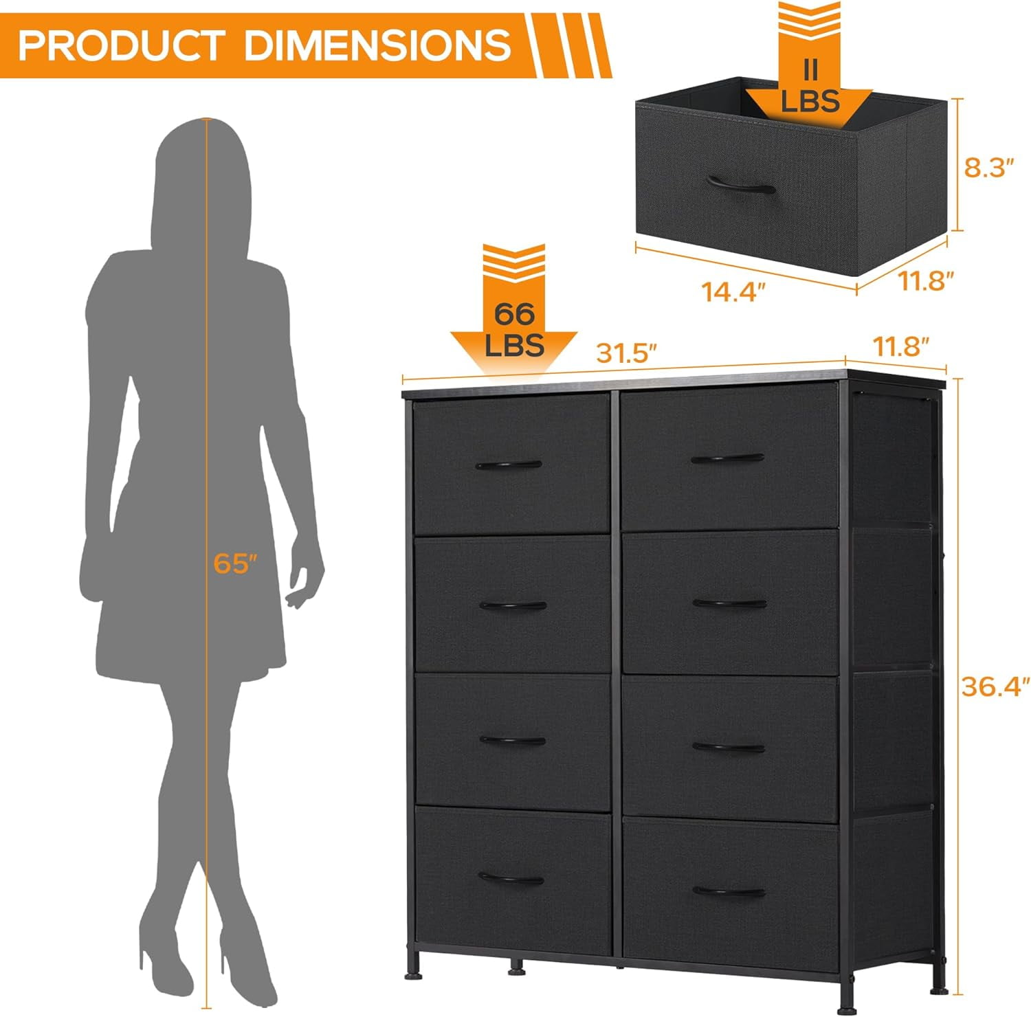 8 Drawer Dresser, Tall Chest Of Drawers Nightstand Storage Tower Storage Dresser Fabric Dresser With Wood Top for Living Room, Bedroom, Hallway, , Black