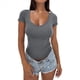 thumbnail image 1 of Camisa Ajustada de Corta para Mujer, Básica, con Cuello en V, Ajustada, Gris, Talla L, 1 of 8
