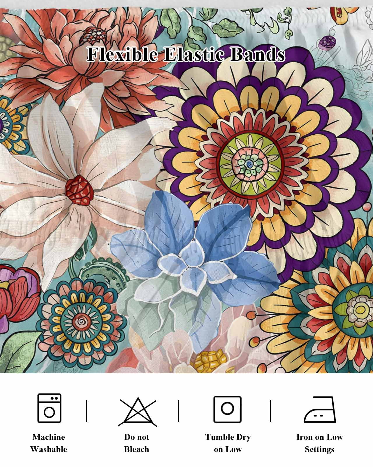Boho Floral Bed Skirt Queen Size, Bohemia Colorful Mandalas Botanical Flower Wrap Around Bed Skirting with Adjustable Elastic Strap, Dust Ruffle Pleated Bedskirts 16 Inch Drop for Bedroom Queen Beds
