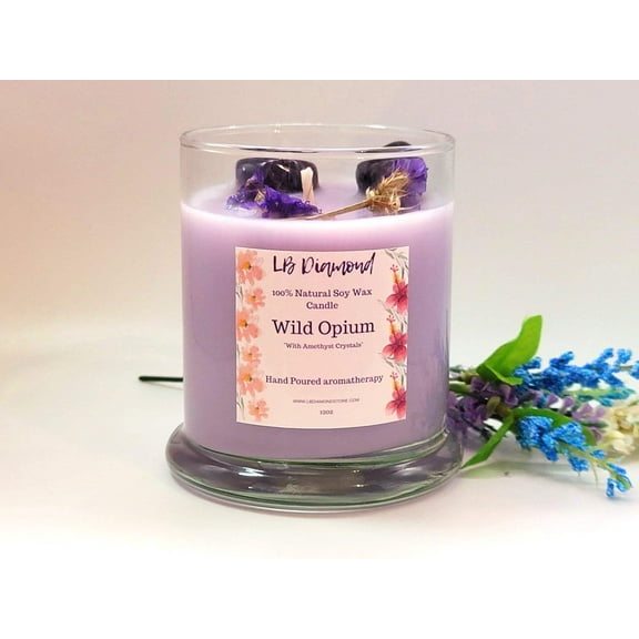 Wild Opium Natural Soy Wax Candle Highly Scented with Amethyst Crystals