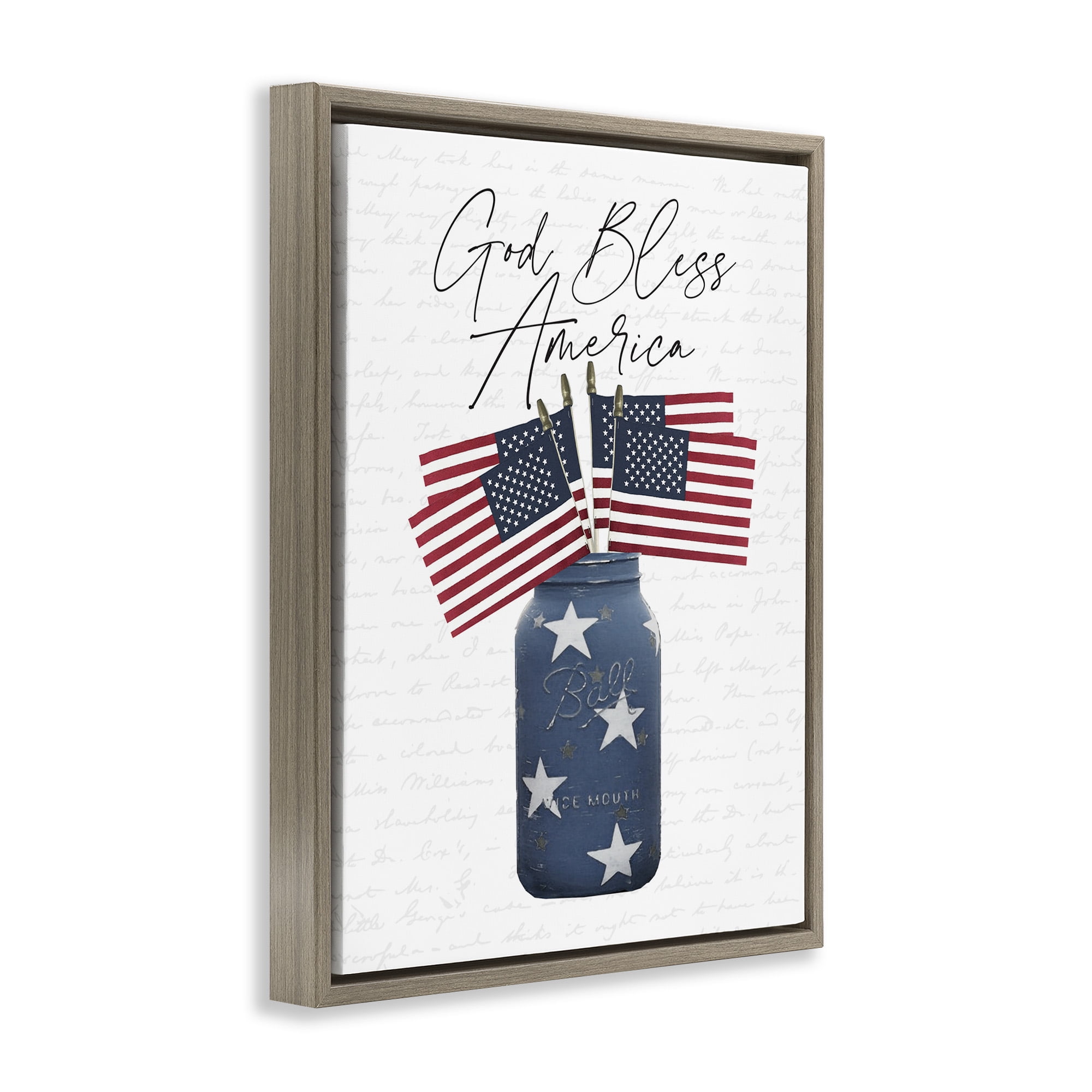 Stupell Industries Patriotic Flag Jars Religious Painting Brown Floater Framed Canvas Art Print Wall Art, 17 x 21