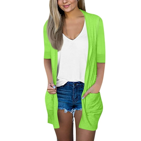 GXIPO Fashion 2025 Cardigan Women's 3/4 Sleeve Open Front Lightweight Cardigans Solid Color Fluorescent Green 2XL