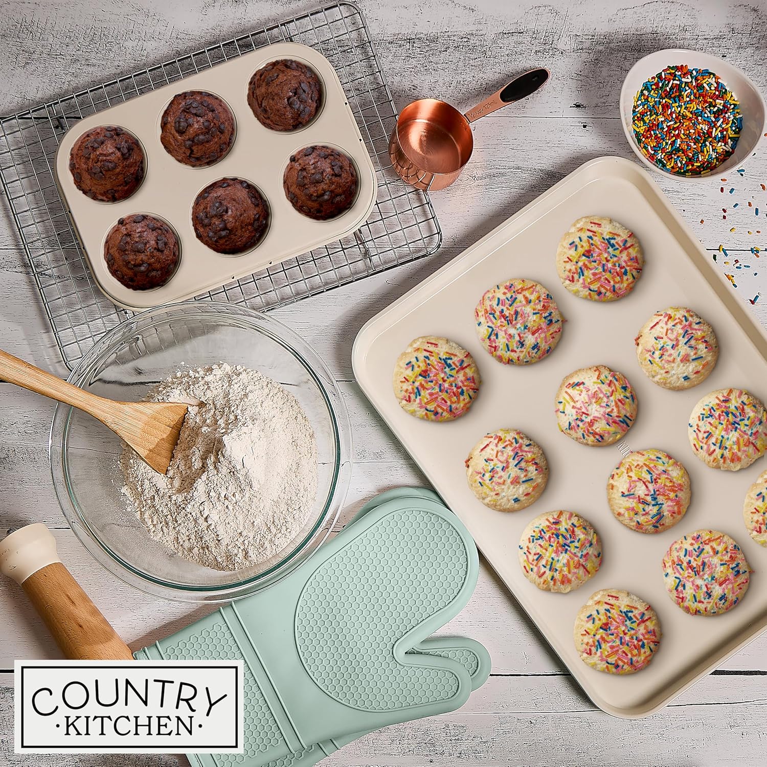 COOK WITH COLOR Nonstick Stackable Bakeware Set, 13-Pc Baking Set with Baking Sheets & Pans, Sage