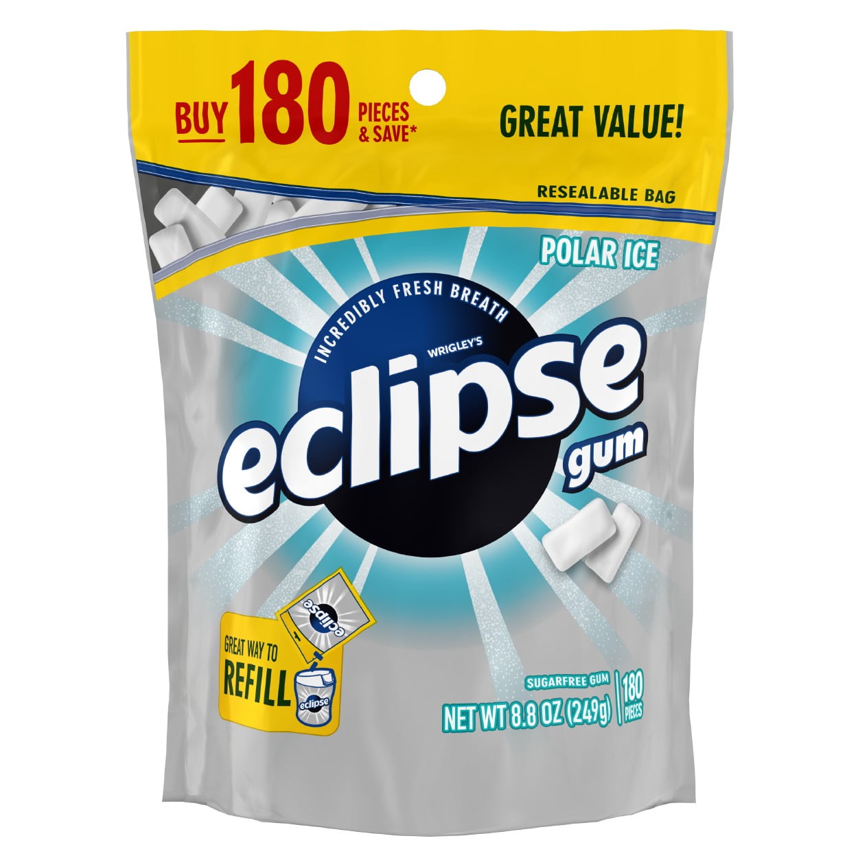Eclipse, Sugar Free Polar Ice Chewing Gum, 180 Piece Bag