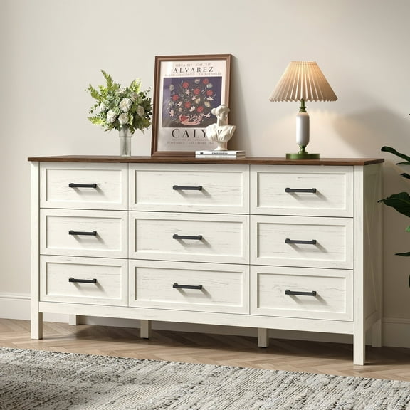 YouTrend 9 Drawer Farmhouse Dresser,Wood Adult Rustic Chest of Drawer with Metal Handles for Bedroom Living Room Hallway,Burlywood & White