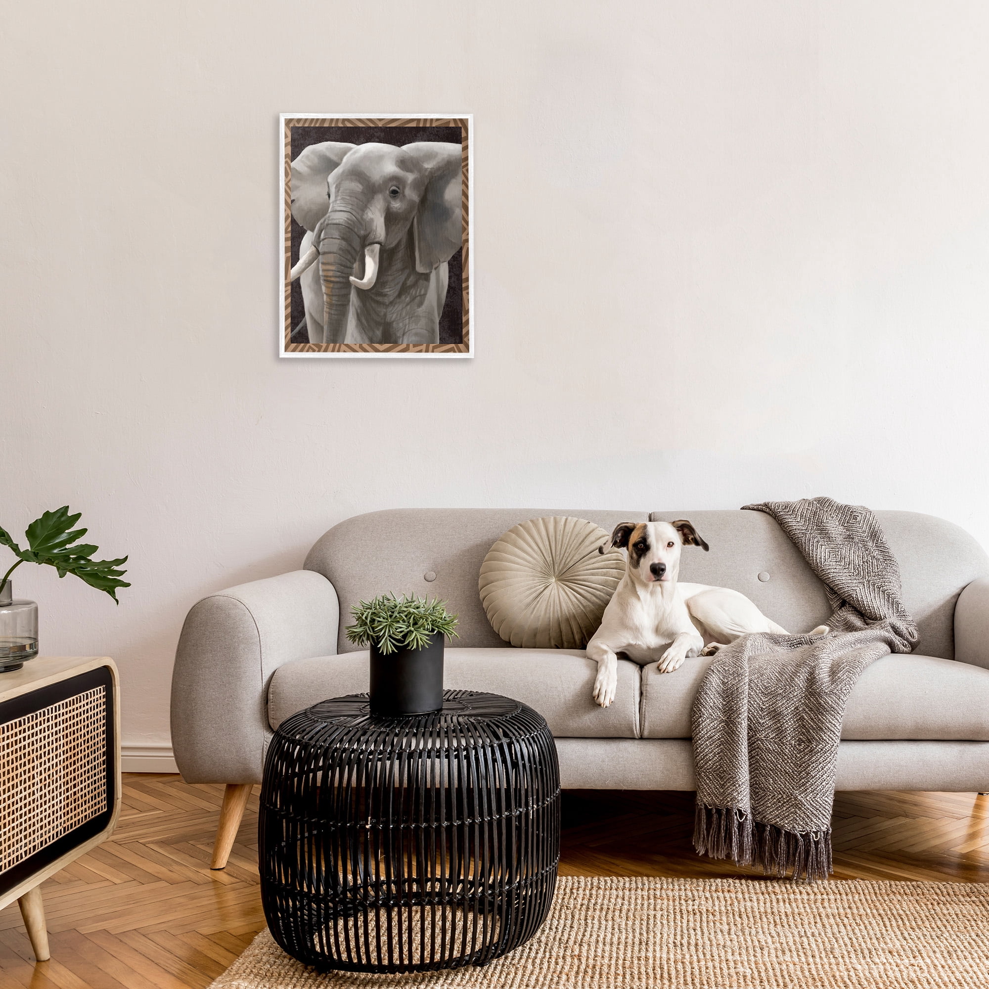 Stupell Industries Elephant with Geometric Border Animals & Insects Painting White Framed Art Print Wall Art, 24 x 30