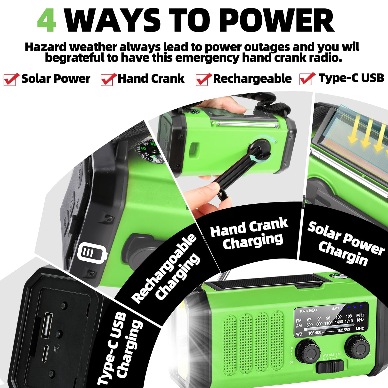 Hand Crank Emergency Radio 37000mwhsolar Portable Noaa Am Fm Weather With 3mode Flashlight And Reading Light Cell Phone Home Distress Signal (green)