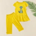 thumbnail image 5 of Odeerbi Kids Girls 2 Piece Outfits Ruffle Tops Capris Set Summer Clothes Floral Print Round Neck Short Sleeve Flying Sleeves Top Elastic Waist Cropped Pants Two-piece Set Yellow, 5 of 5