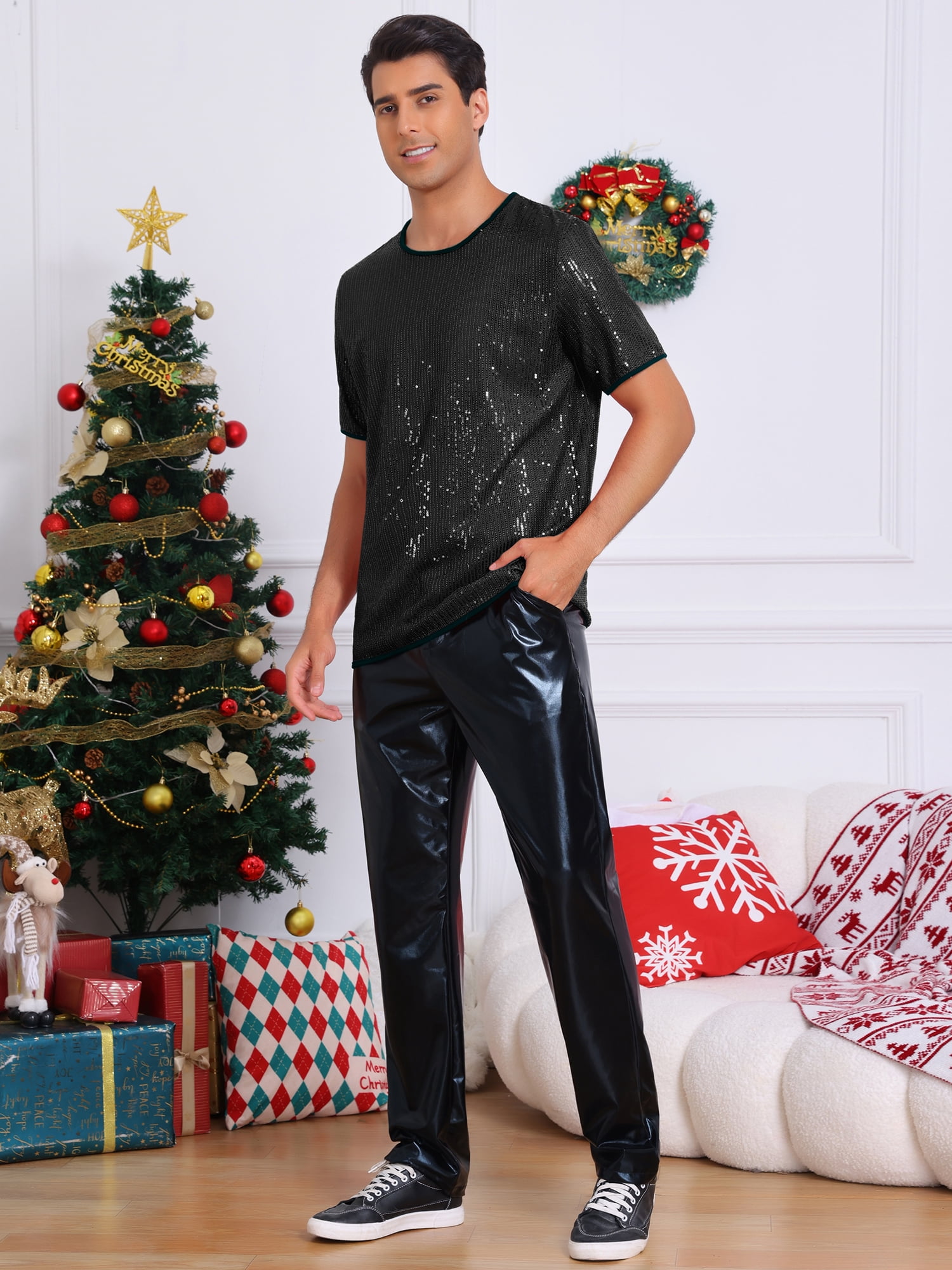 DARING DIVA Men's Short Sleeved Club Rave Party Sparkly Shiny Top S Black