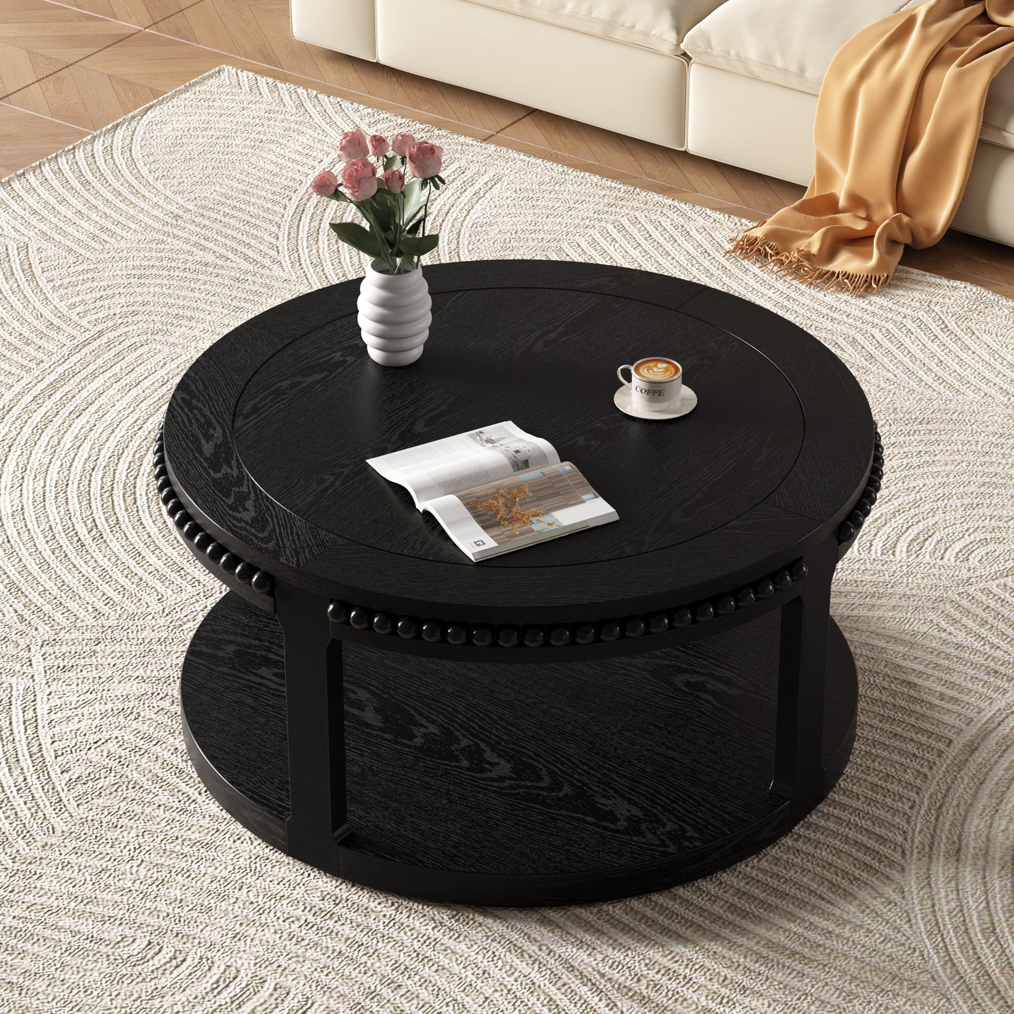 31.5" Round Solid Wood Coffee Table, 2 Tier Wood Coffee Table with Shelf, Modern Center Table for Living Room Sofa Table, Black