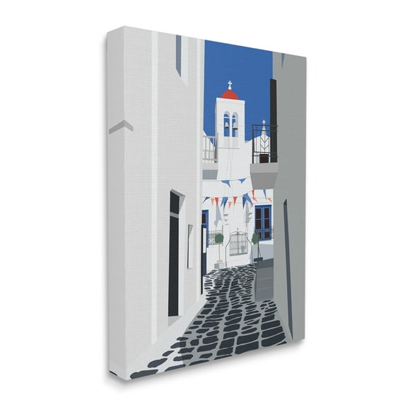 Stupell Industries European Coastal City Street White Blue Architecture Abstract Painting Gallery Wrapped Canvas Art Print Wall Art, 24 x 30