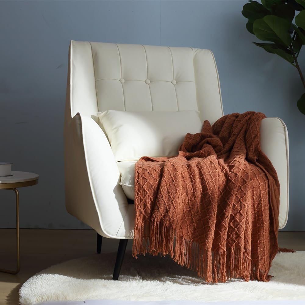 CREVENT Farmhouse Boho Knitted Throw Blanket for Couch Sofa Chair Bed Home Decoration, Soft Warm Cozy Light Weight for Spring Summer Fall (60''X80'' Caramel)
